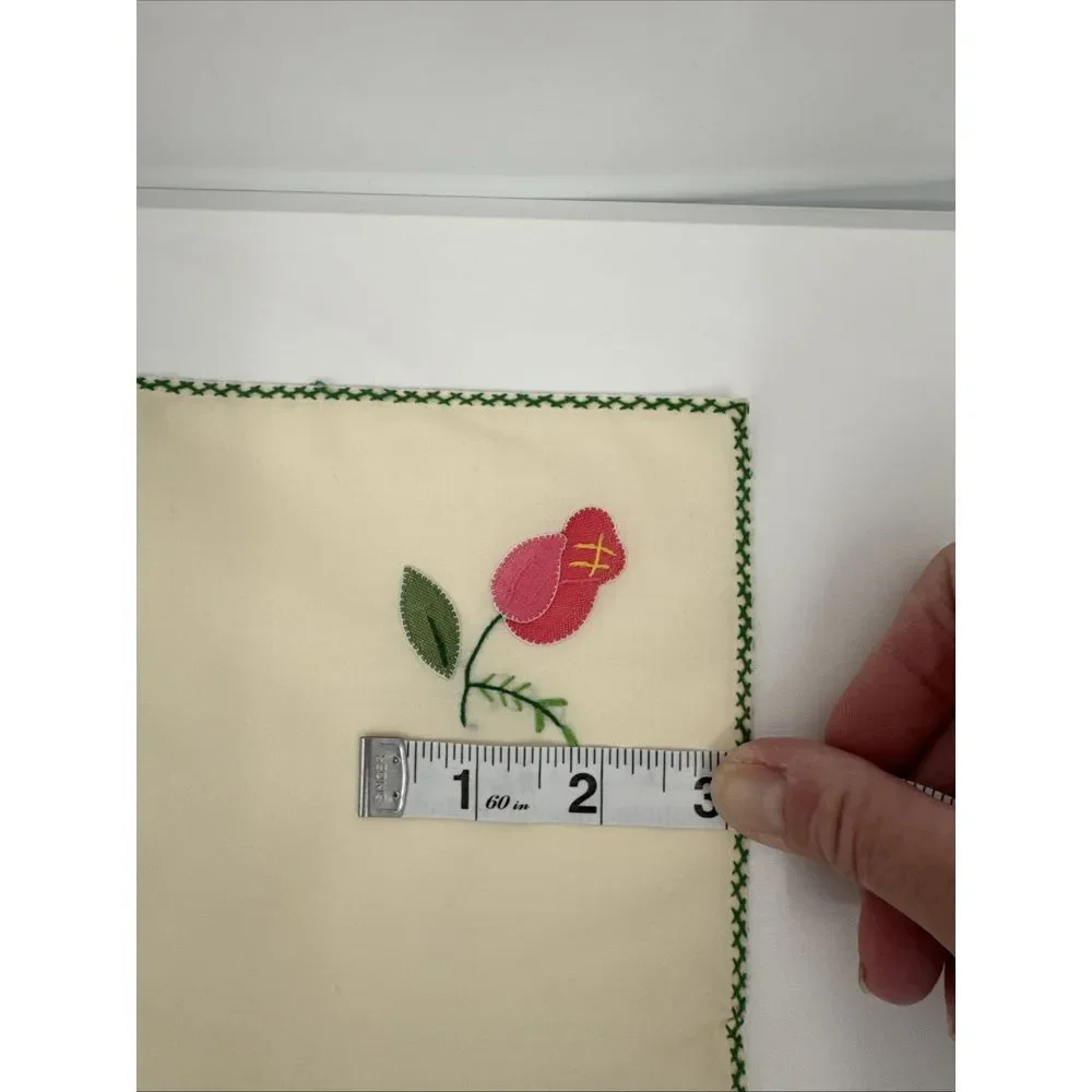 8 Vintage Cream Green‎ Cotton Dinner Napkins, Applique Embroidered Pink Flowers